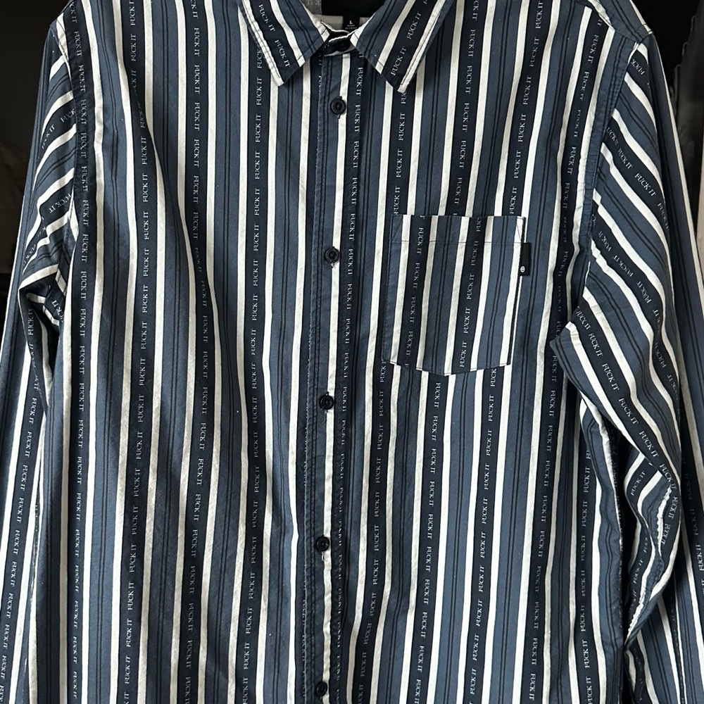 HUF Men's Navy and White Striped Button Down Shirt Funny Message Size- Mens L - Picture 6 of 10